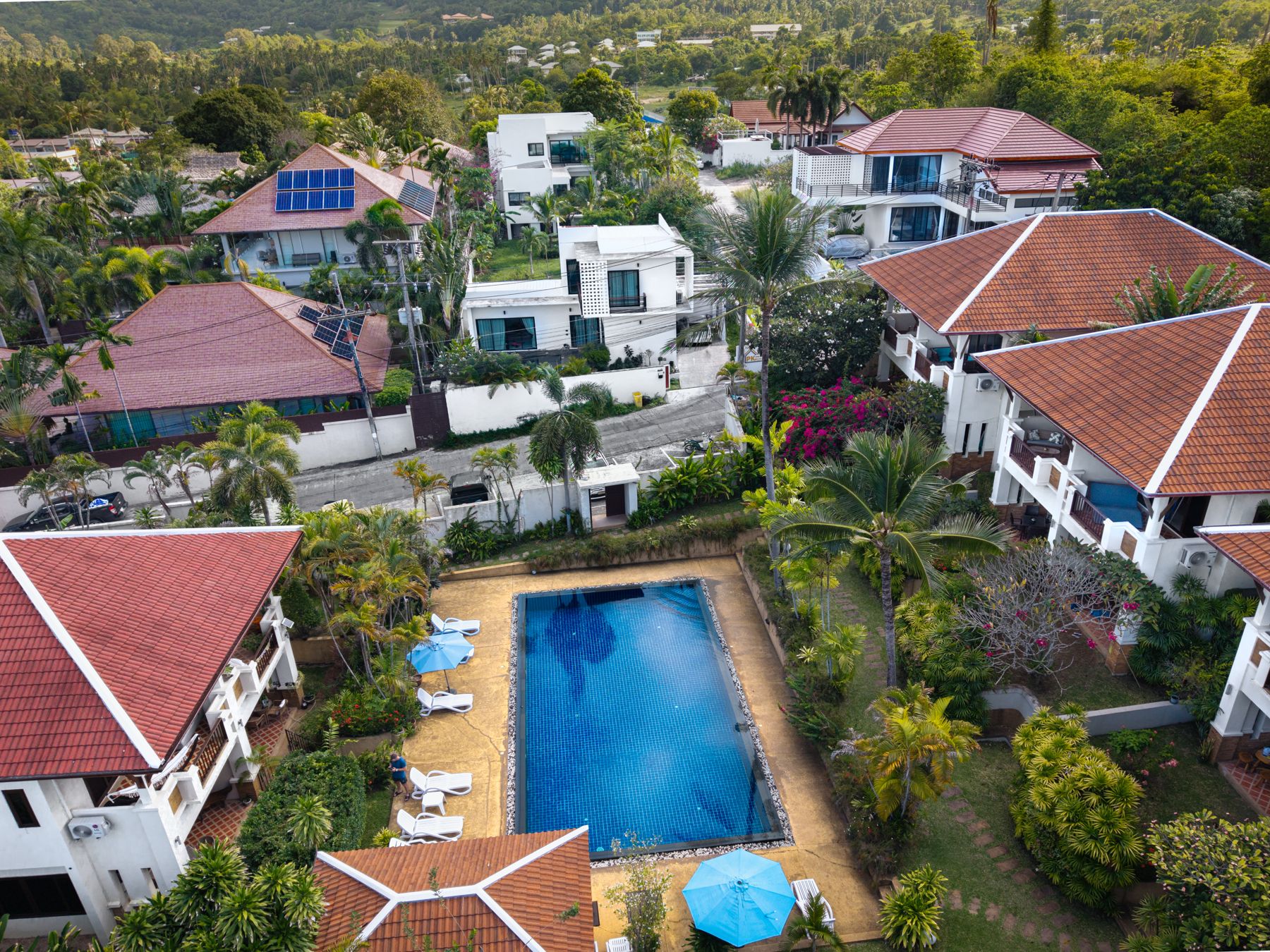Maenam Hills from above: villas with red tile roofs around the shared pool