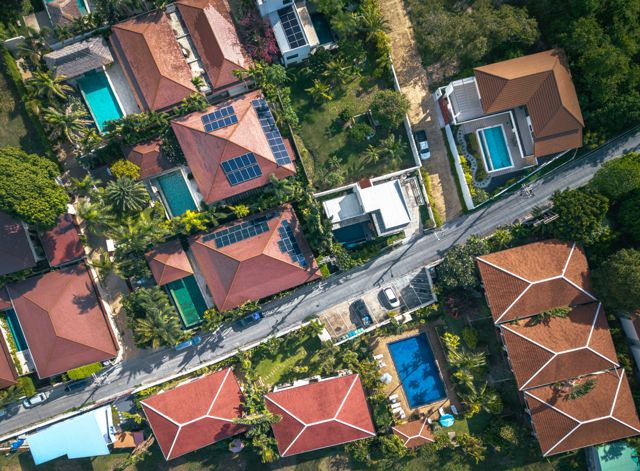 Villa roofs and gardens at Maenam Hills